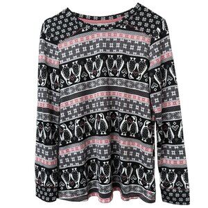 Cuddl Duds Fair Isle Lounge Top Medium Petite Black Penguins Long Sleeve Cozy PJ